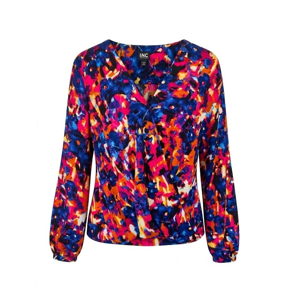 INC Blouse Womens L Multicolor Abstract Print Surplice V-Neck Retro Maximalist